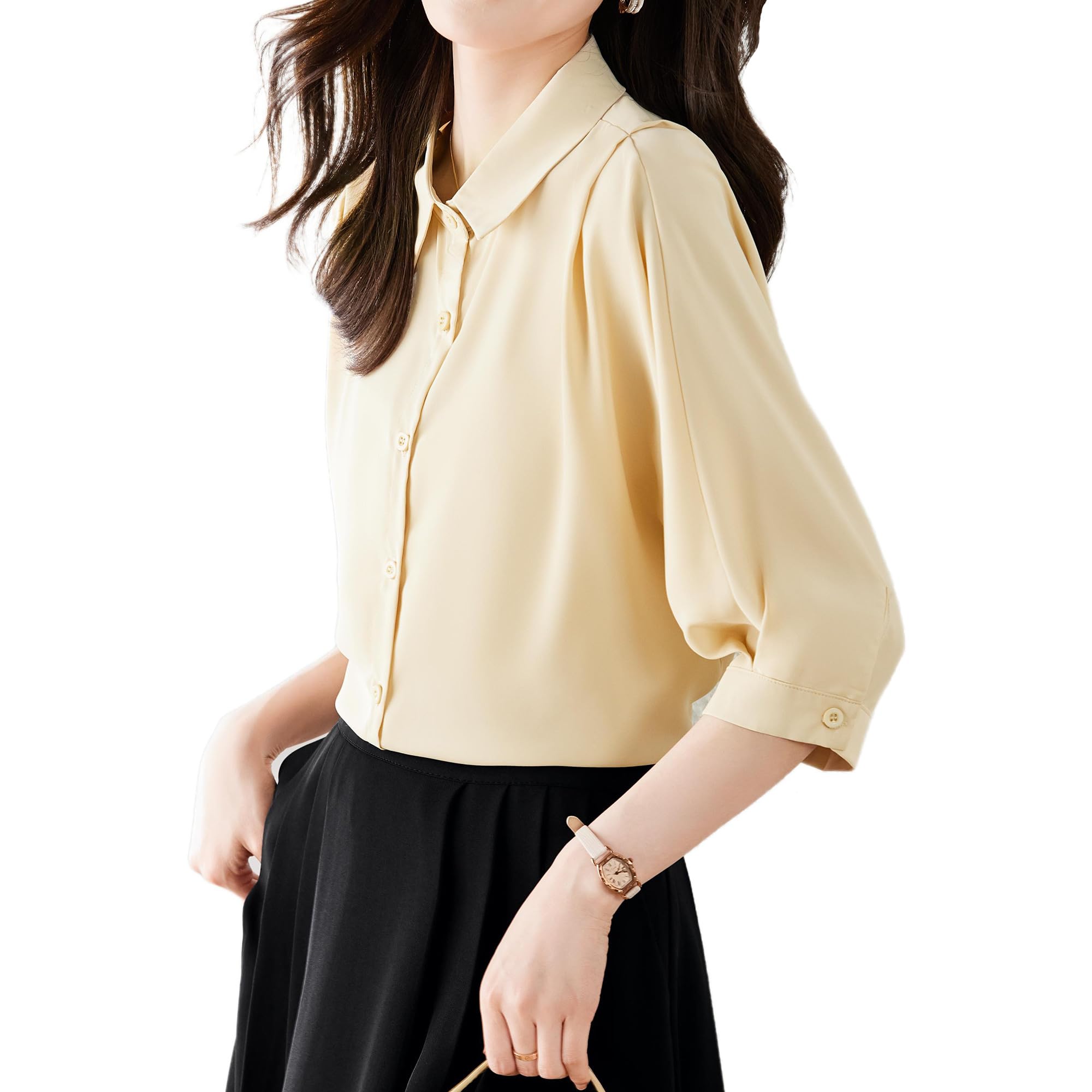 

рукав тонкий с воротником открытый идущий кремовый 3XL [Bolan Verl] [8 цветов] Женская блузка 3/4, рубашка, офис, топ, долман, женская, белая, черная, красная, розовая,