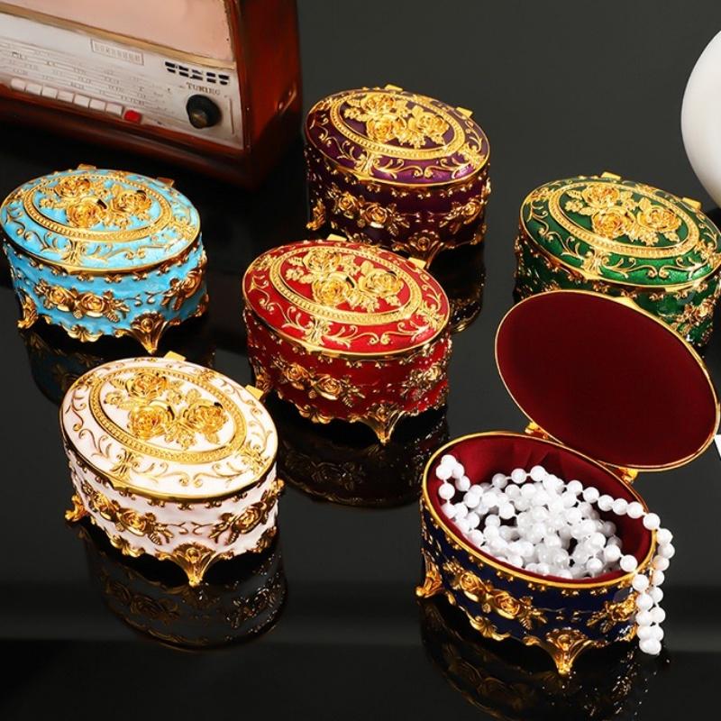 Mini Jewelry Storage Box Portable Oval Organizer European Style Necklace Case Alloy Storage Earrings Ring Dressing Table Display