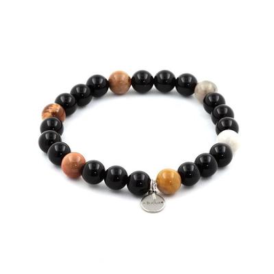Bracelet - A BIJOUX - Petrified Wood Beads + Black Agate - 8 Mm - Length 19-20 Cm - Made In France