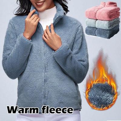 Casaco feminino de lã de pelúcia espessado outono e inverno com zíper solto e gola alta, jaqueta de lã polar (sugiro comprar 2 tamanhos maiores)