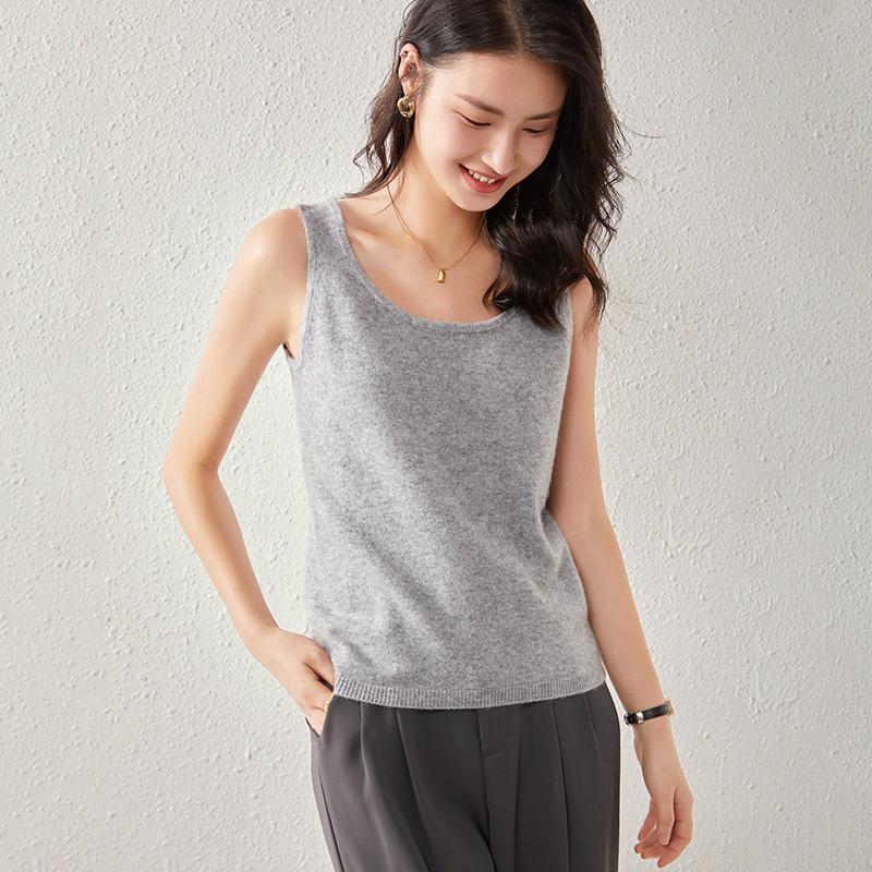 Women's Cashmere U-Neck Round Neck Knit Camisole - Solid Color, Warm, Twelve-Gauge