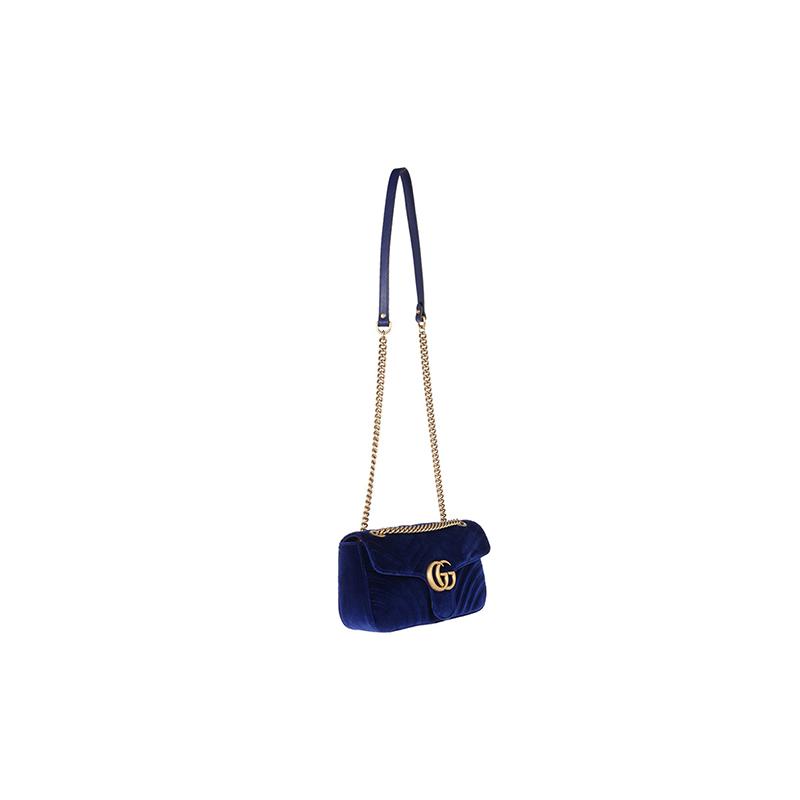 Gucci GG Marmont Marmont Gold Label Logo Quilted Velvet Chain Shoulder Crossbody Bag Small Women's Dark Blue Classic Recommendation