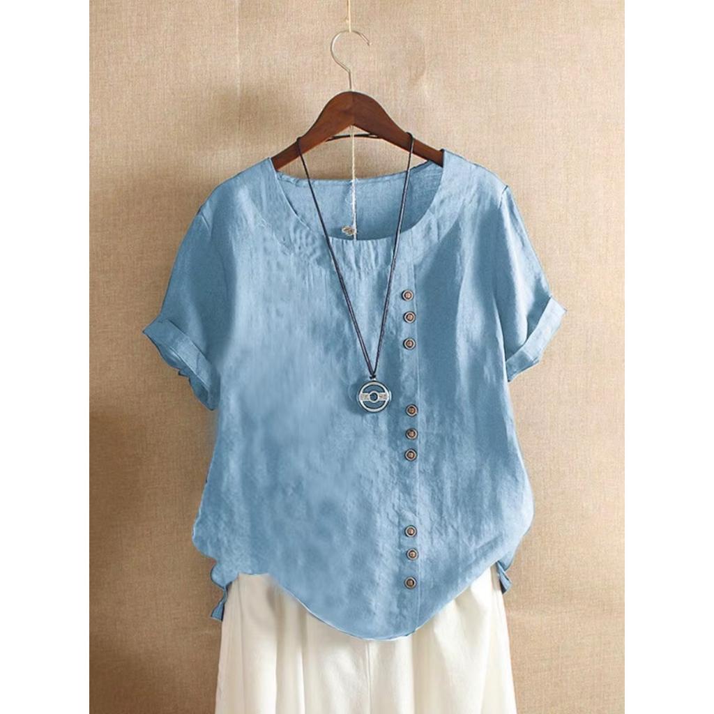 18 Colors S-5XL Women Cotton Linen Button Blouse Summer Female O-Neck Short Sleeve Solid Shirt Tops