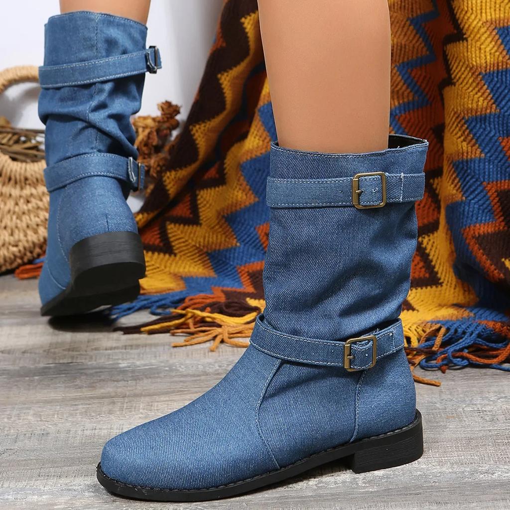 Large Buckle Denim Women's Boots Blue Buckle Fashion Boots Autumn Winter New Square Heel Round Toe Women's Boots Platform Shoes