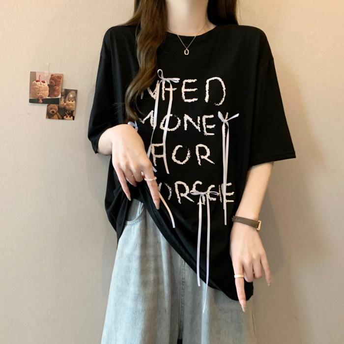 

Pure cotton simple letter printing short-sleeved T-shirt new foreign style loose bow chic top trendy fashion 2XL чорний