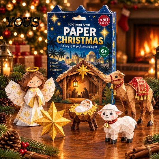 Artistic Paper Folding Tools Christmas Origami Set for Beginners, DIY Holiday/Nativity Scene/Gingerbread Candy Easy Instructions Beginners Craft Kit,