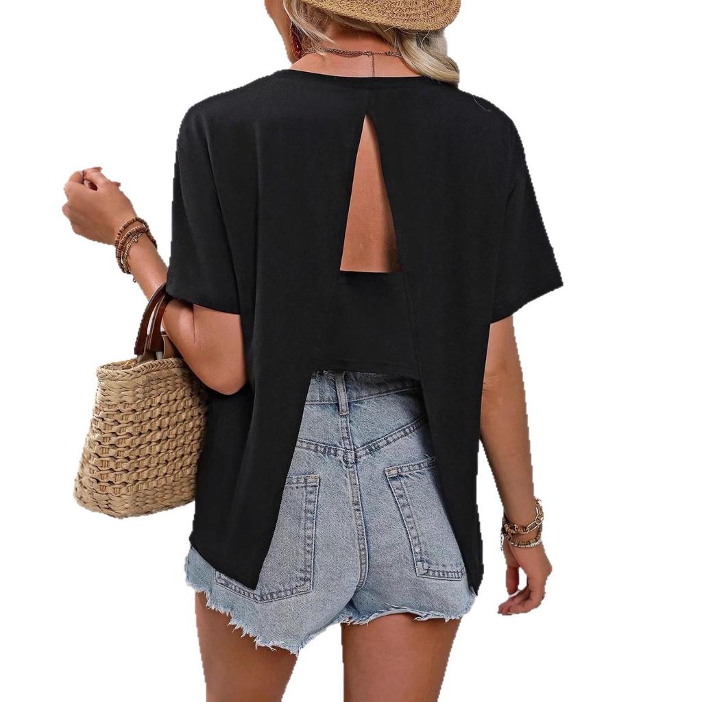 Women's Solid Color Round Neck Short Sleeve Casual T-shirt with Back Slit