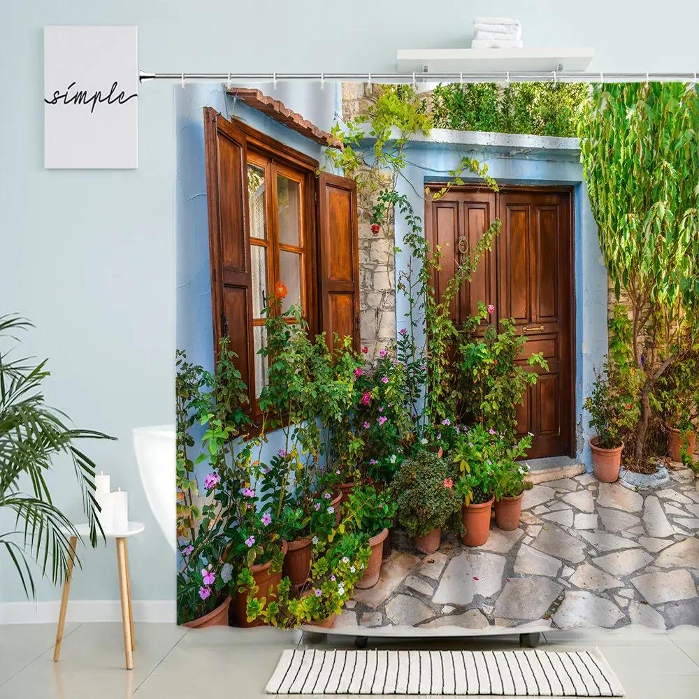 Greece Street View Shower Curtain Country Retro Town Spring Green Plants Flowers Vines Scenery Bathroom Decor With Hook Screen