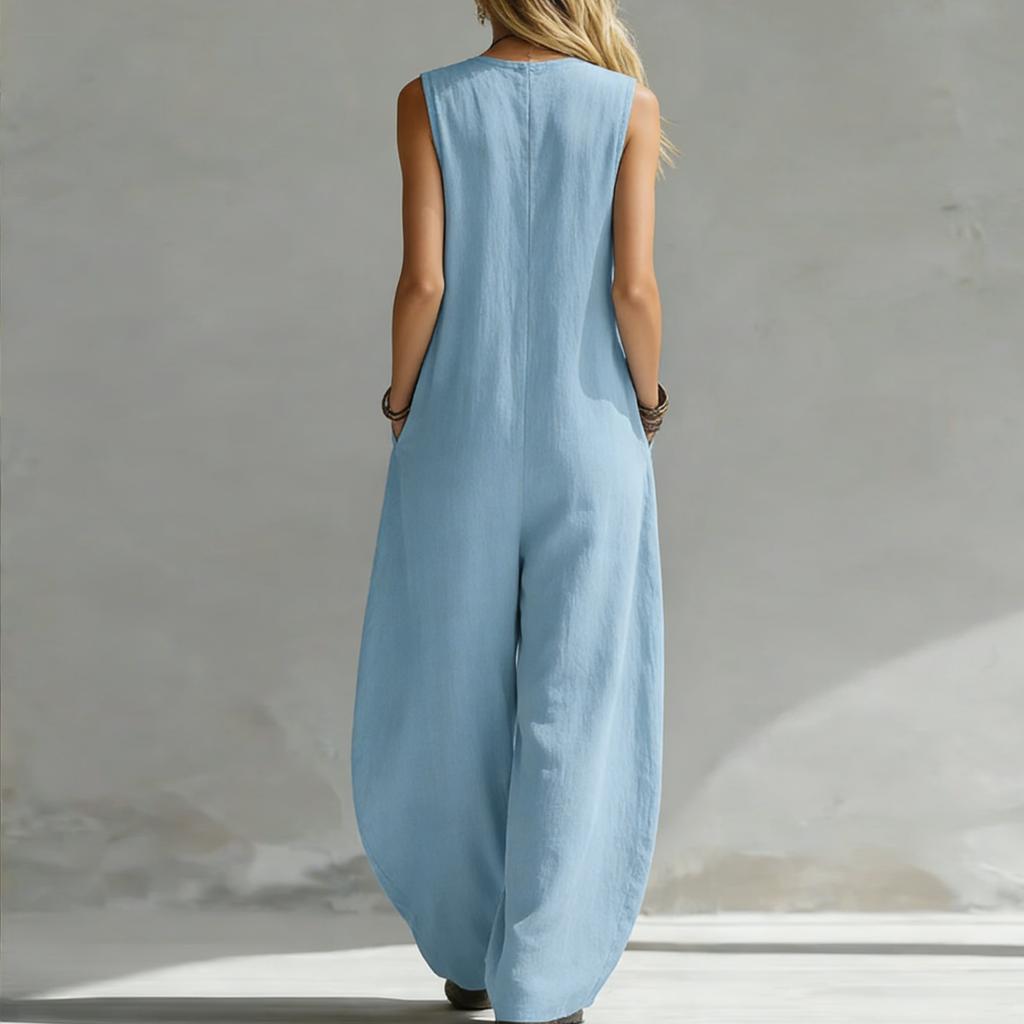 Tuta da donna alla moda con scollo a V e vita stretta, pantaloni a gamba larga
