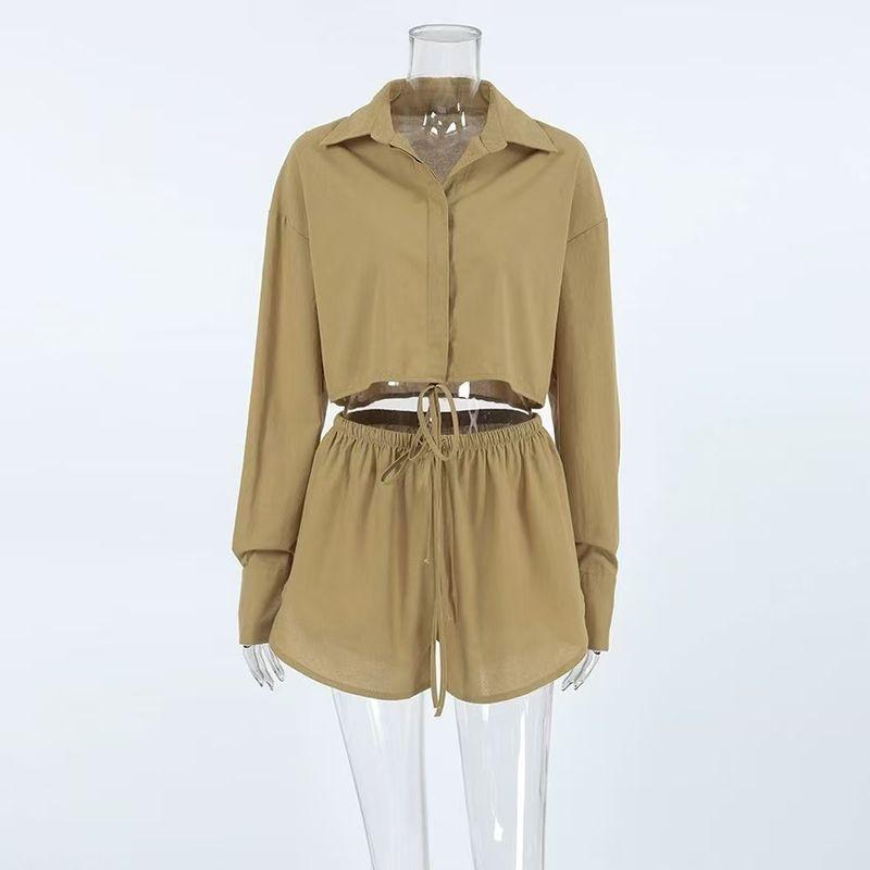 

Fashion Style New Arrival Fashion Casual Long Sleeve Short Shirt Shorts Two-piece Set Shirt and Shorts Set Khaki S