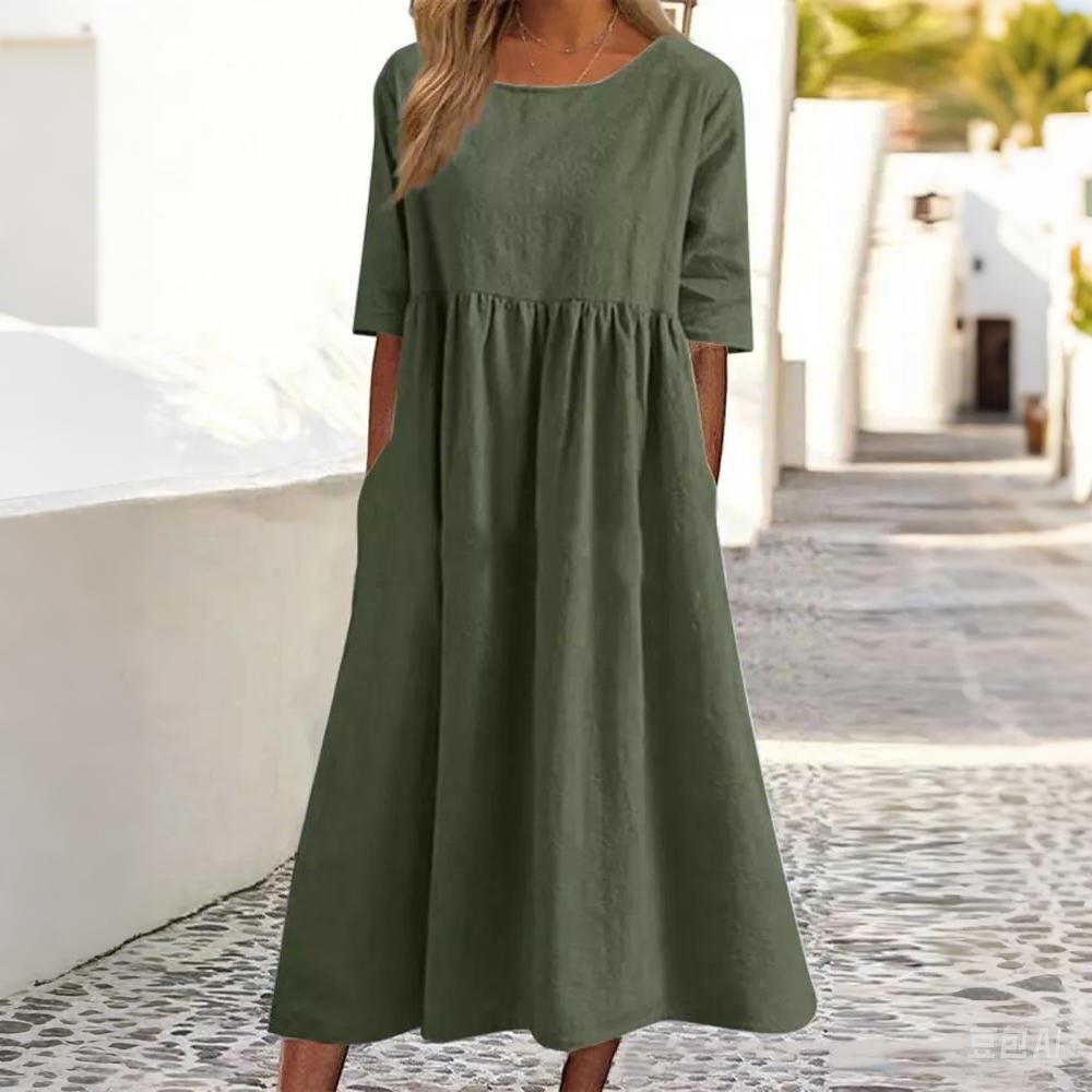 Women's Summer Cotton Linen Dress - Casual Short Sleeve Pleated Pocket Dress, Lightweight & Breathable