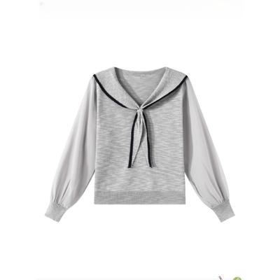 En Retro Color-blocking Randig Långärmad Stickad Tröja för Damens Tidiga Höst, En Lös och Mångsidig Marinblå Kragtröja