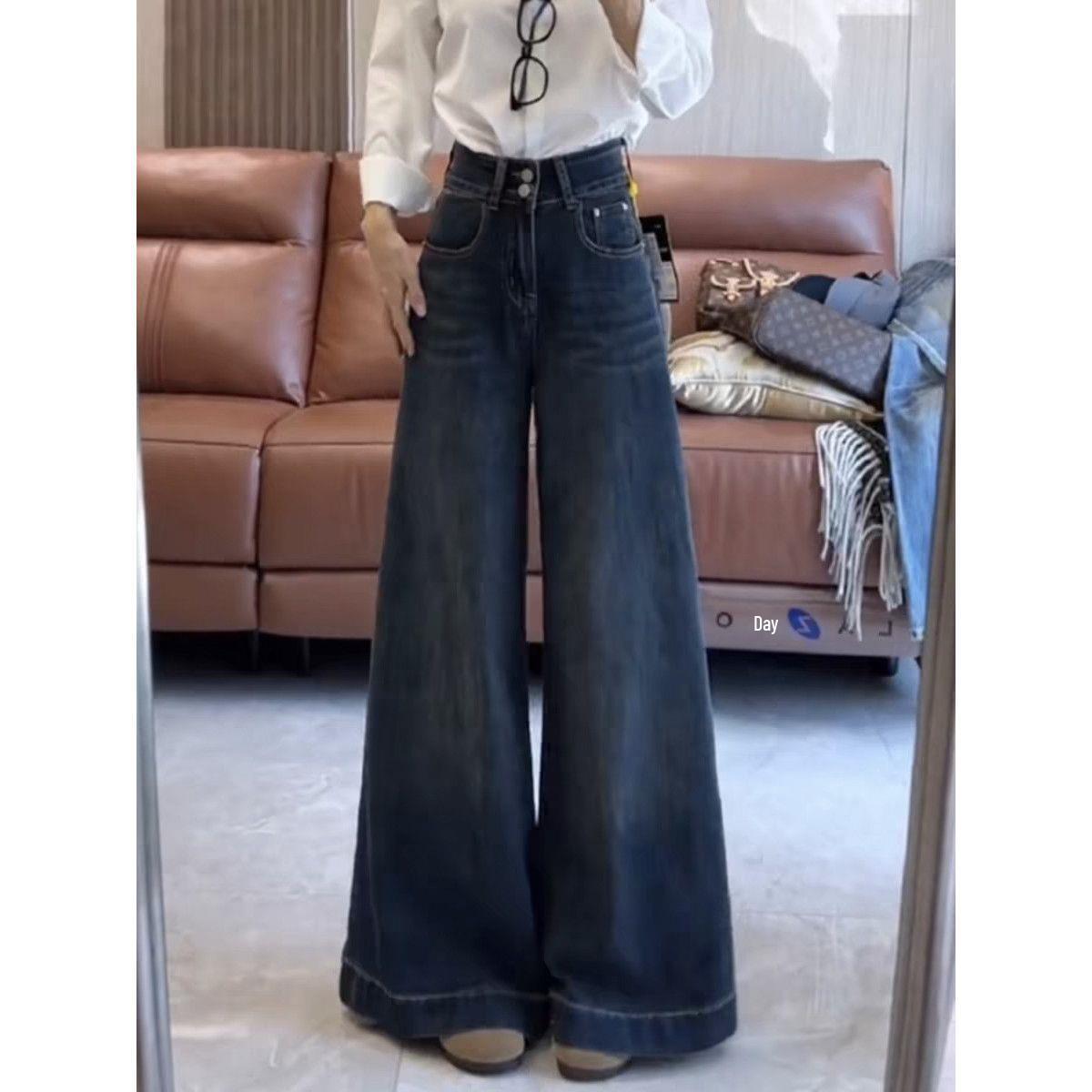 Women s Retro Wide-Leg Floor-Length Jeans - Petite Fit, Washed Finish, Flare Design S