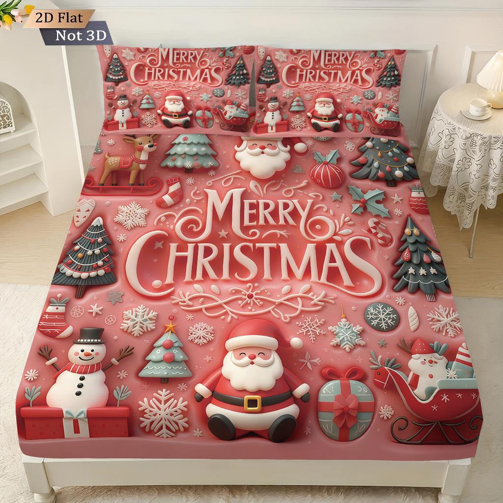 3pcs imitation relief pink Santa Claus print coreless bed sheet set multiple size bed cover bedroom bedding decoration