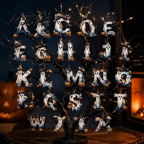 Holiday Scenery for Cafes Hotels Halloween Letter Ornament, Spooky Hanging Wooden Alphabet Letters Pendant with Ghost Creative Photo Prop Wall
