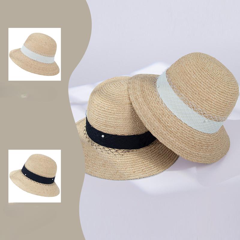 New Summer Rafia Fisherman Hat Pearl Mesh Webbing Beach Vacation Sun Protection Sunbath Hat