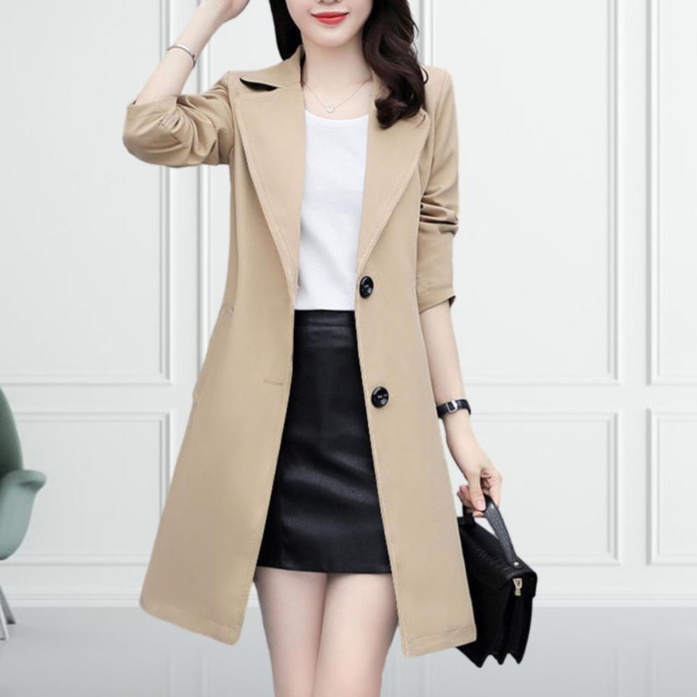 Women Fall Spring Coat Lapel Cardigan Double Buttons Trench Coat Solid Color Mid Length Pockets Business Jacket