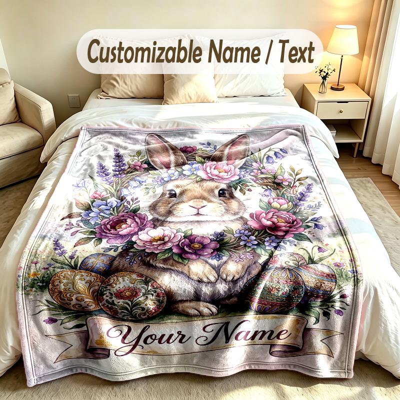 Easter Bunny Theme Soft Blanket Personalized Custom Name Text Print Warm Blanket Home Sofa Bedroom Decor