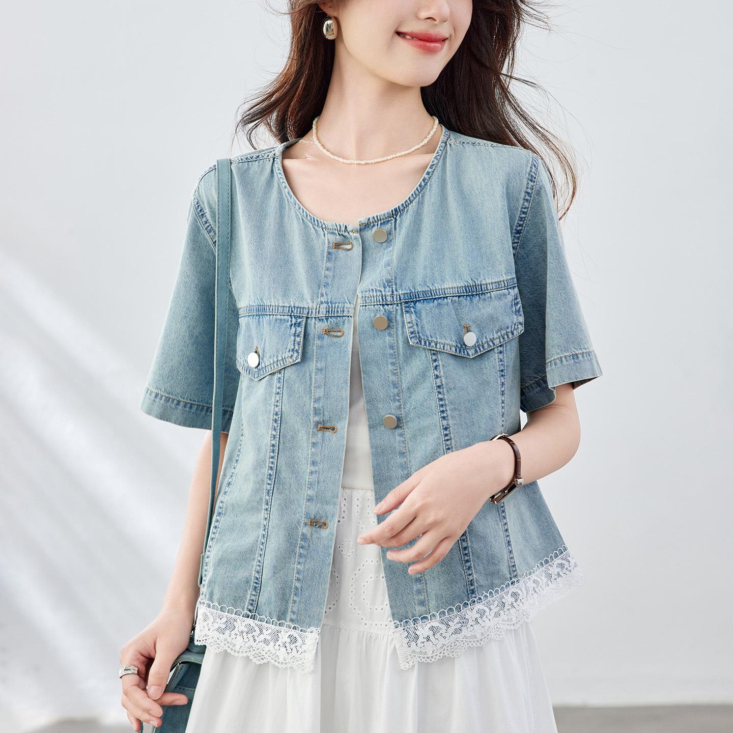 

Кружево Кружево Стирка Ношеный Деним Рубашка с коротким рукавом для женщин One Size