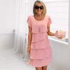 New, Summer Short-sleeved Cake Dress Solid Color Crew Neck Dress Women