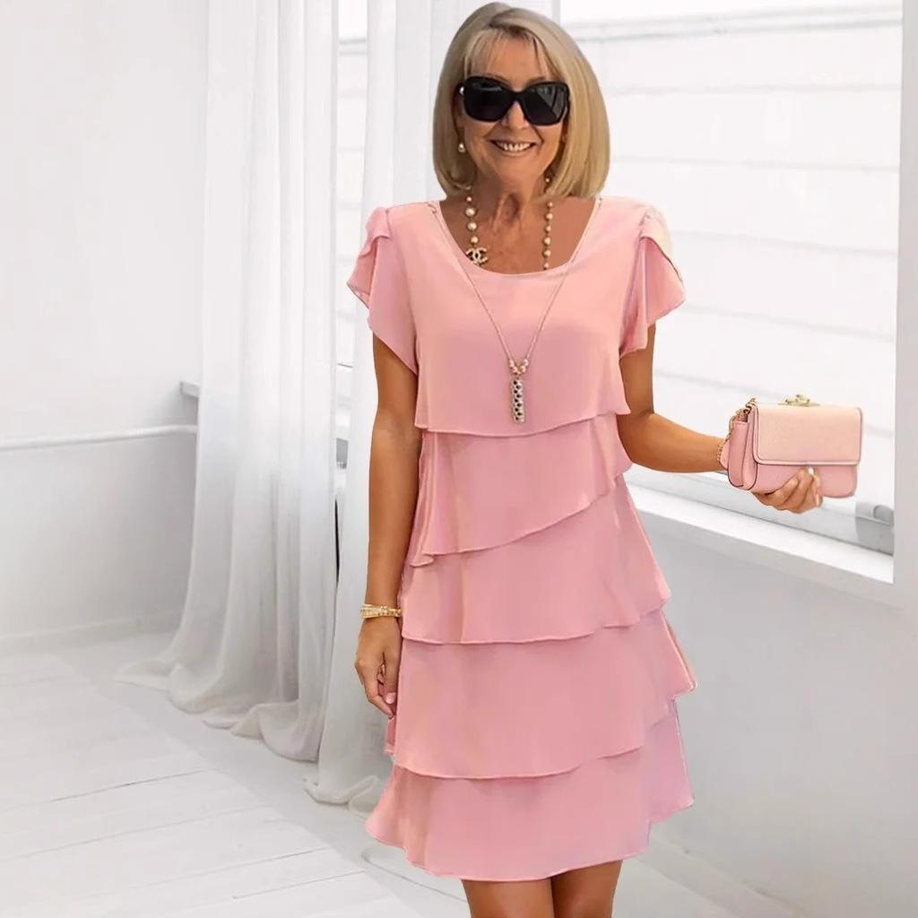 New, Summer Short-sleeved Cake Dress Solid Color Crew Neck Dress Women