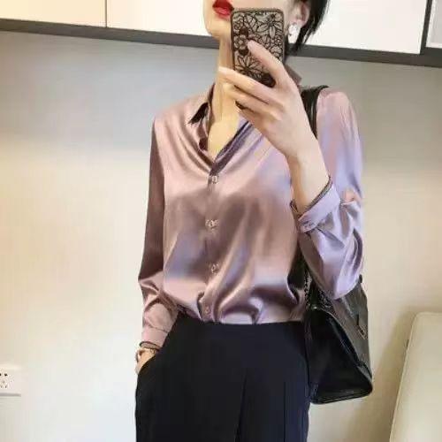 Long-sleeved satin shirt women's design sense niche spring and summer new versatile drape top retro Hong Kong shirt