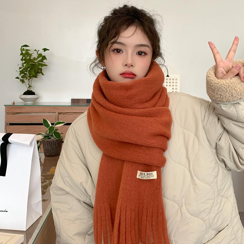 Solid Color Tassel Soft Waxy Plush Scarf for Women Autumn and Winter Plus Velvet Thickening Korean Style Versatile Couple Student Warm Scarf