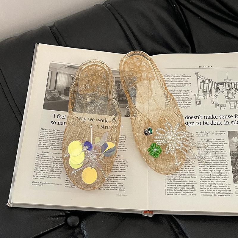 Fashion Versatile Sweet Baotou Slippers Women's 2025 Summer New Versatile Flat-bottomed Slippers Cute Pearl Bow