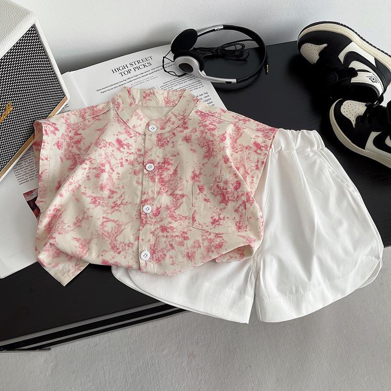 Kids Pink Floral Stand Collar Short Sleeve Shirt Set Summer Korean Boys Girls Baby Thin Top 80