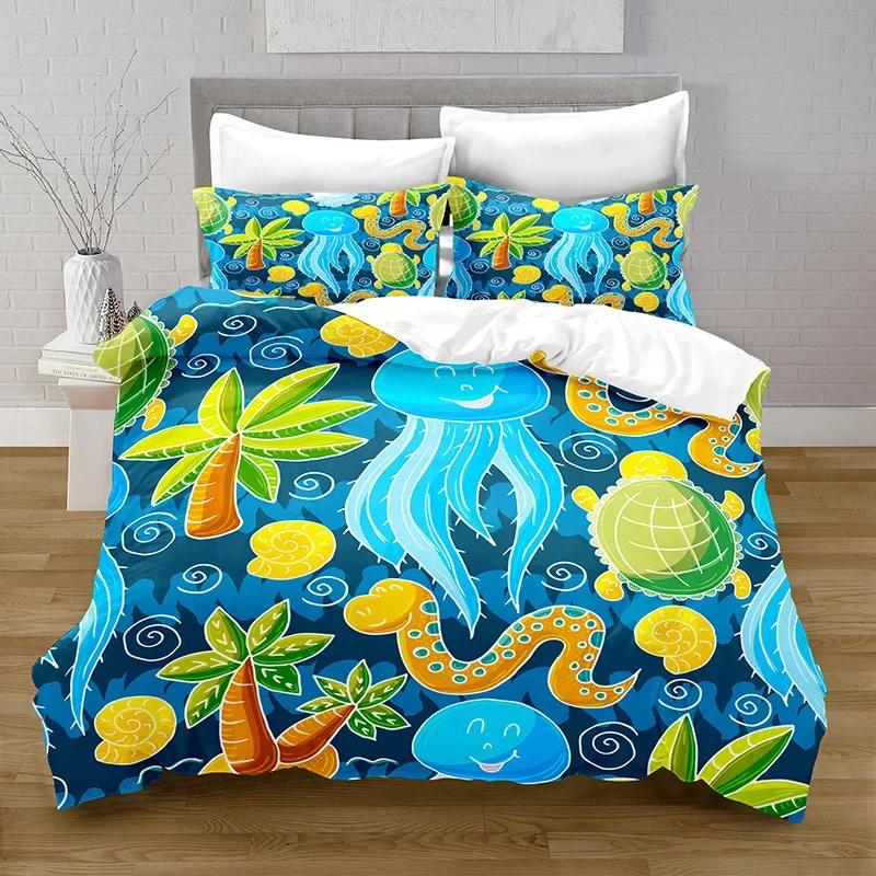 Cartoon Ozeanfisch Bettbezug Marine Thema Bettwäscheset Einzelbett für Jungen Mädchen Dekor Mikrofaser Meer Unterwasserwelt Bettdeckenbezug