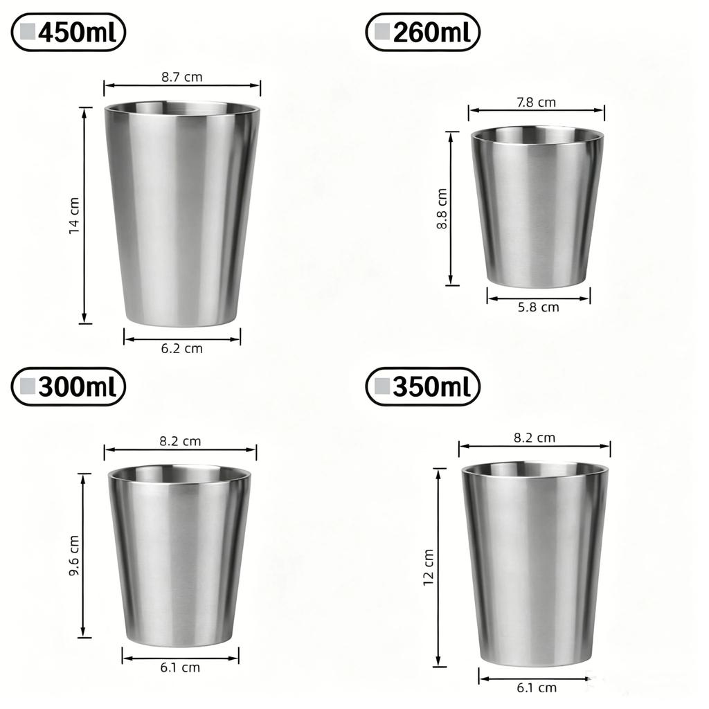 260/300/350/450 ml Nerezové Prémiové Pohárky na Pití Nerozbitné Udržující Chlad Pro Pikniky Domácí Večírky Denní Použití