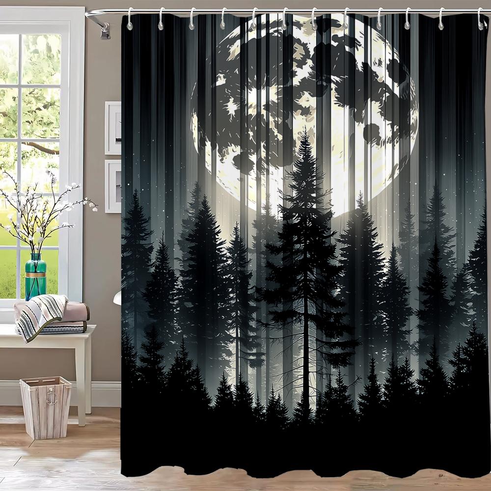 Mysterious Night Misty Forest Shower Curtain, Scenery Bathroom Curtain,Printed Polyester Home Decorative Curtain with Hooks