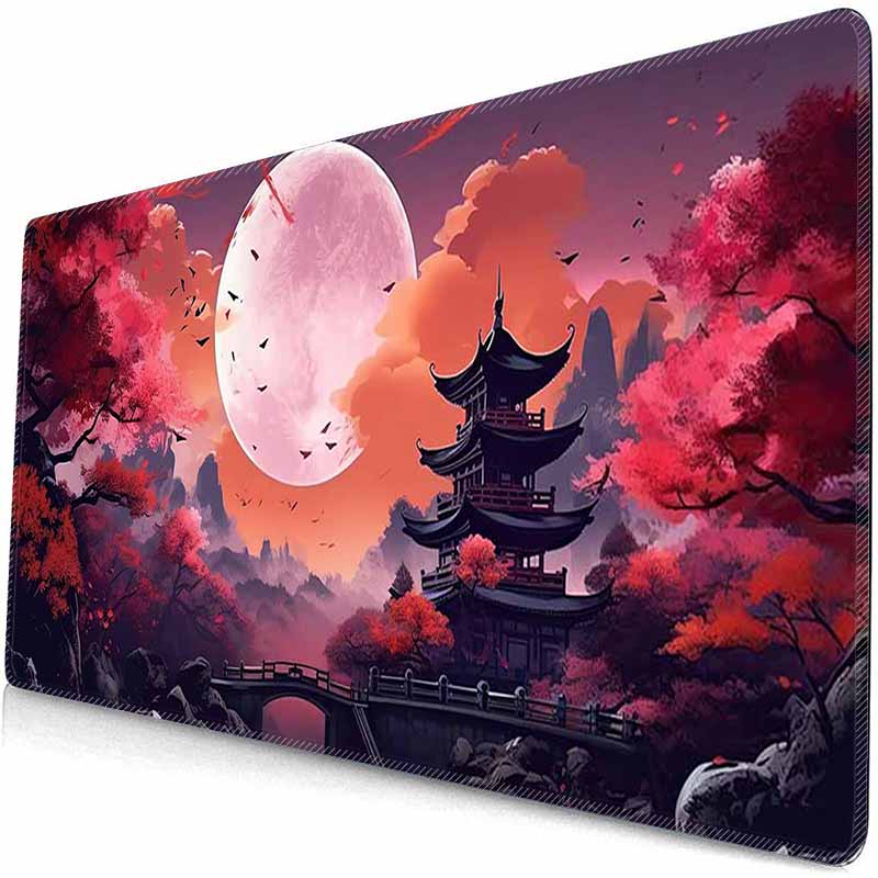 HD Große Gaming-Mauspads Kirschblüten-Landschaft Mond-Mauspad Große Schreibtischunterlagen Rutschfeste Gummi-Mauspads XXL Große Tastatur-Tischmatten