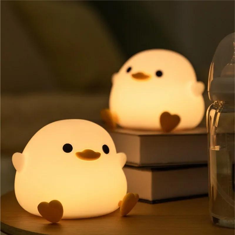 LED Night Light Cute Duck Rechargeable Cartoon Animals Decor Silicone Lamp for Children Kid Touch Sensor Timing USB for Birthday