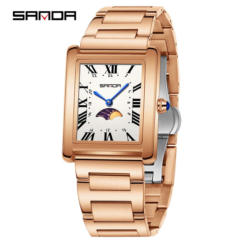 Sanda Women's Retro Quartz Waterproof Watch with Roman Numerals, Moon Phase, and Light Luxury Design - Square Model 9122.