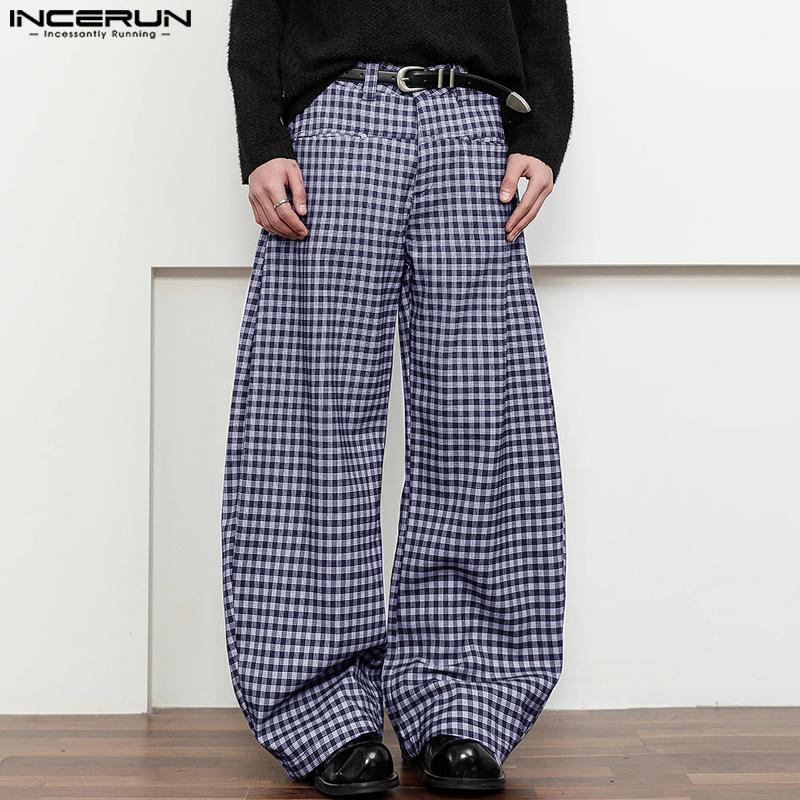 INCERUN Men Zip-up Waist Plaid Print Casual Long Straight Pants Bottoming