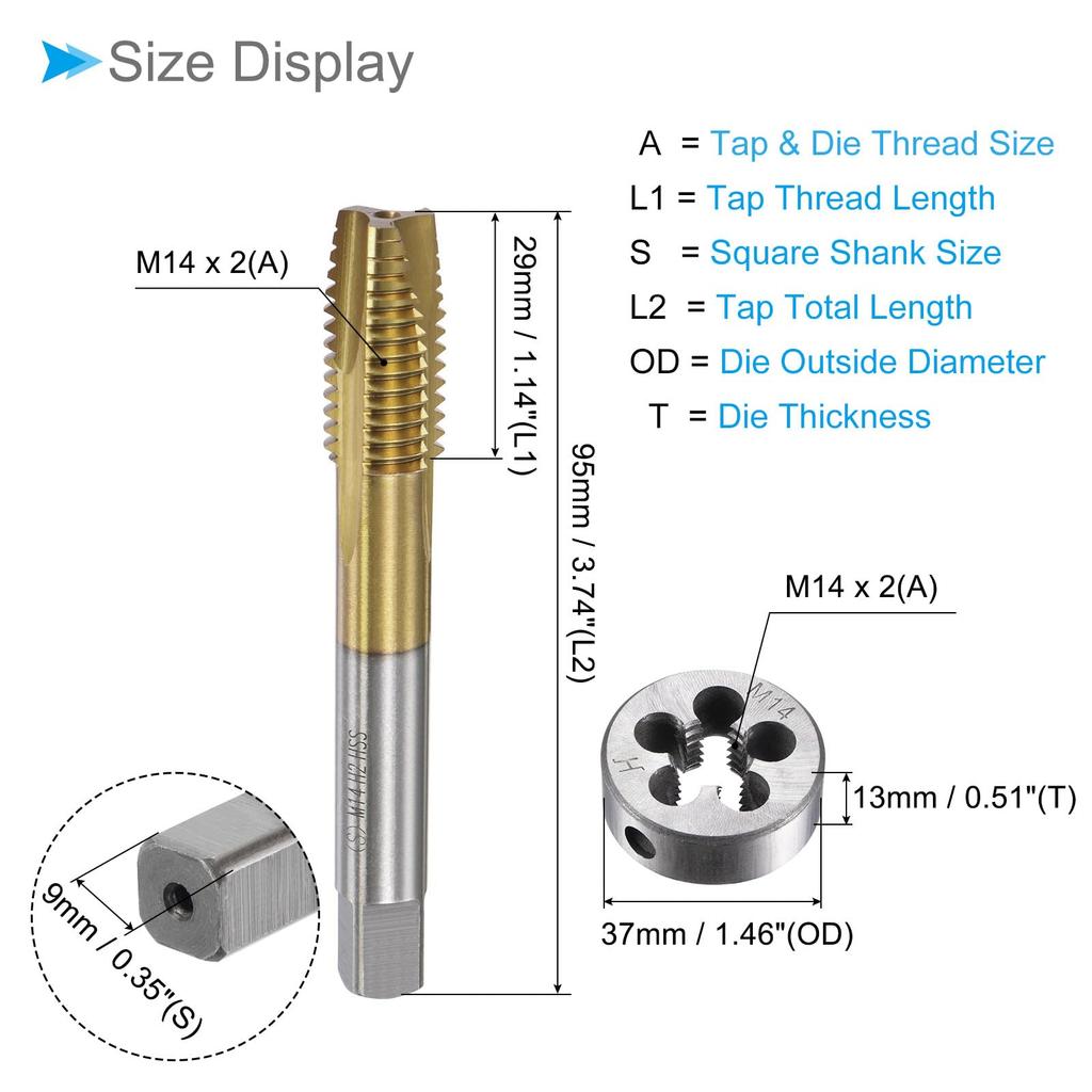 CoCud Metric Tap and Die Set, M14 X 2 Thread, Titanium Coated, Spiral Point Screw Tap, Round Thread Cutting Tool Kit for Tapping and Correction, 1 Set