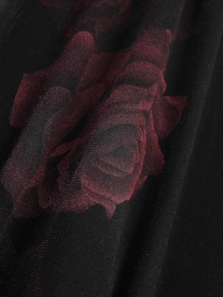 Rosegal Plus Size Rose Flower Print Mesh Ruched Lace Trim Star Buckle Grommets Flare Sleeves 2 In 1 Top