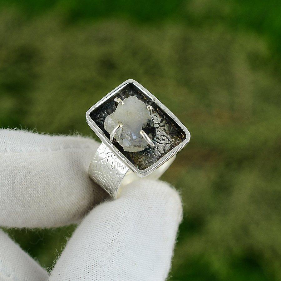 Natural Rainbow Moonstone Rough Statement Adjustable Ring 925 Silver Adjustable