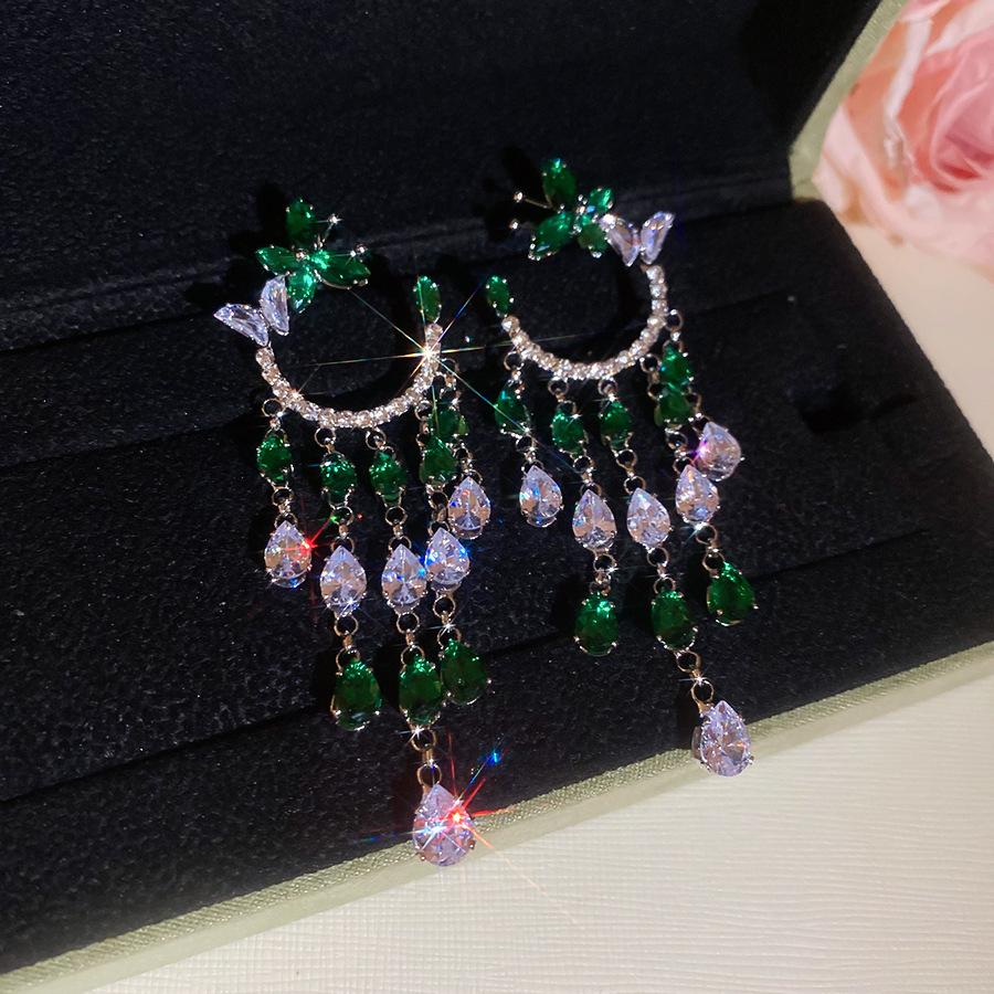 Emerald diamond leaf fringed earrings light luxury stud earrings women's European and American earrings