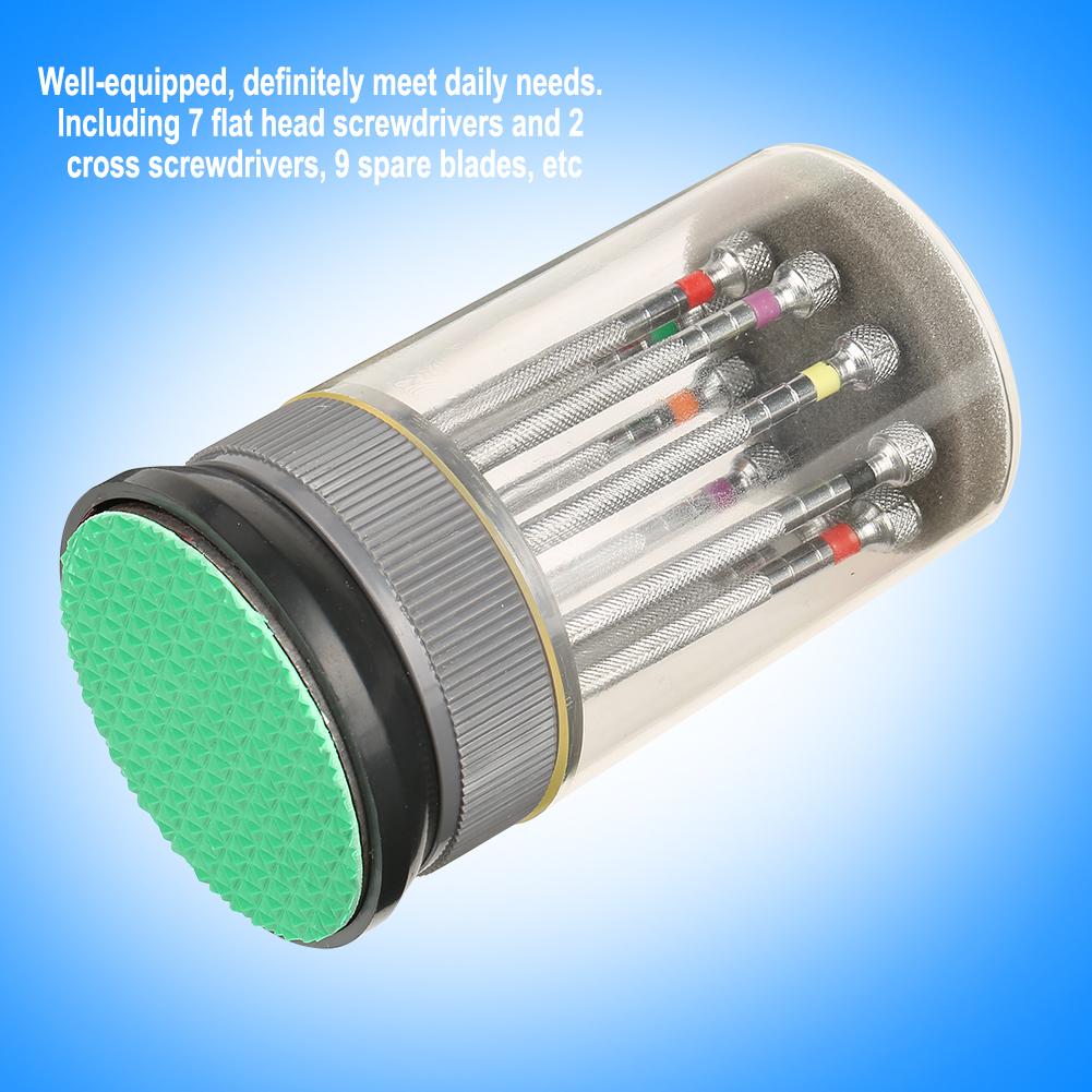 9Pcs Set Watch Slotted Screwdriver Set Repair Watchmakers Tools with Swivel Base Plate