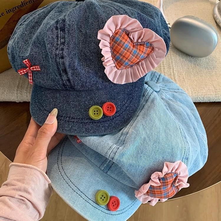 2025 Japanese Button Denim Beret Women's Summer Sweet and Cute Sunshade Love Cloud Octagonal Hat