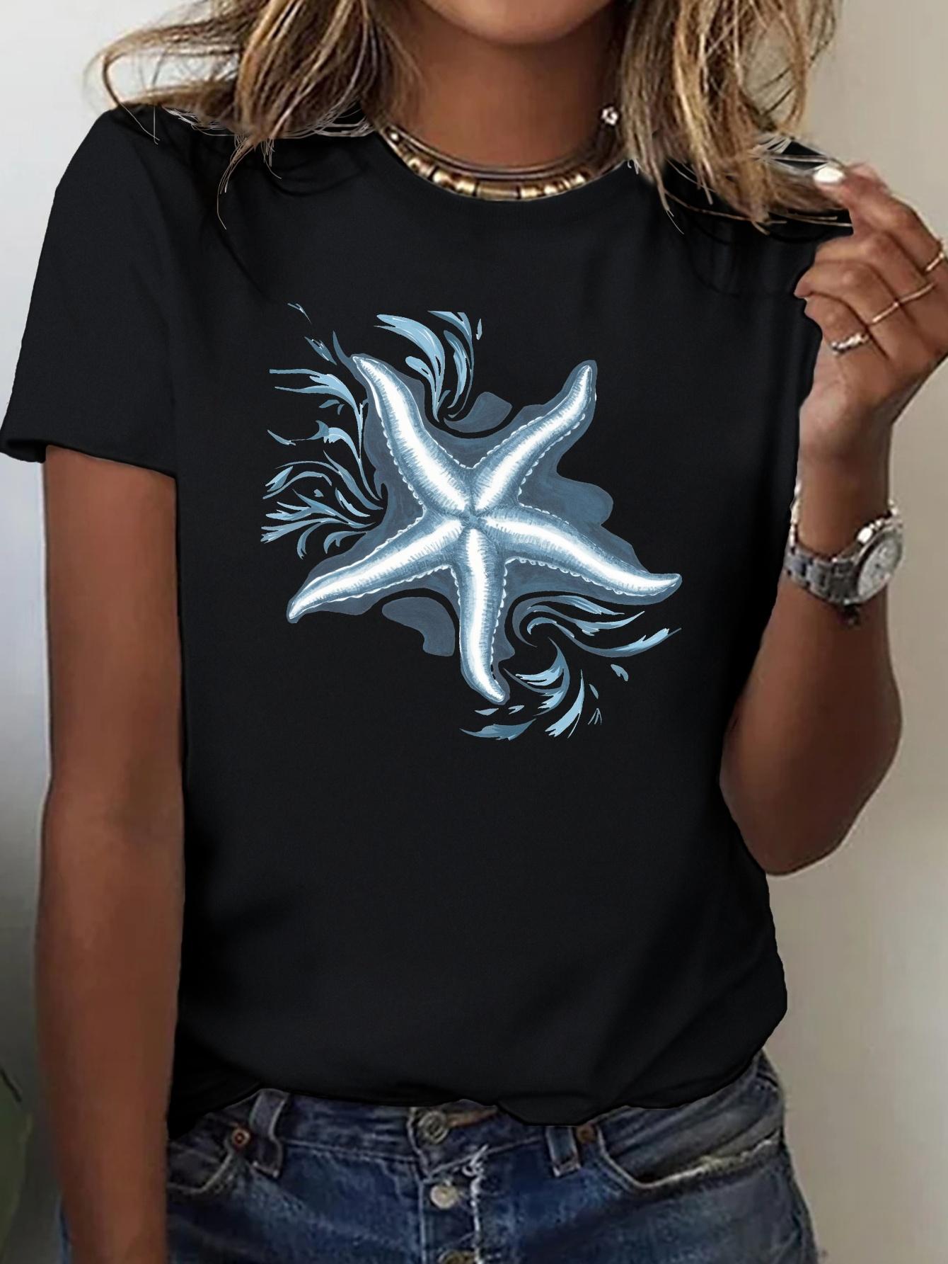 

Womens Tshirt Starfish with Water Patterns Printed Casual Streetwear Short Sleeve Women Top Comfortable Fit Clothing 4XL
