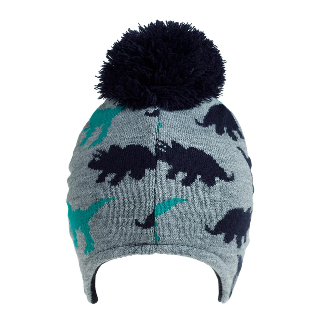 Toddler Knit Beanie Hat with Dinosaur Jacquard Pattern Earflap Design Pom Pom Top Kids Winter Warm Soft Stretchy Hat for Boys Girls