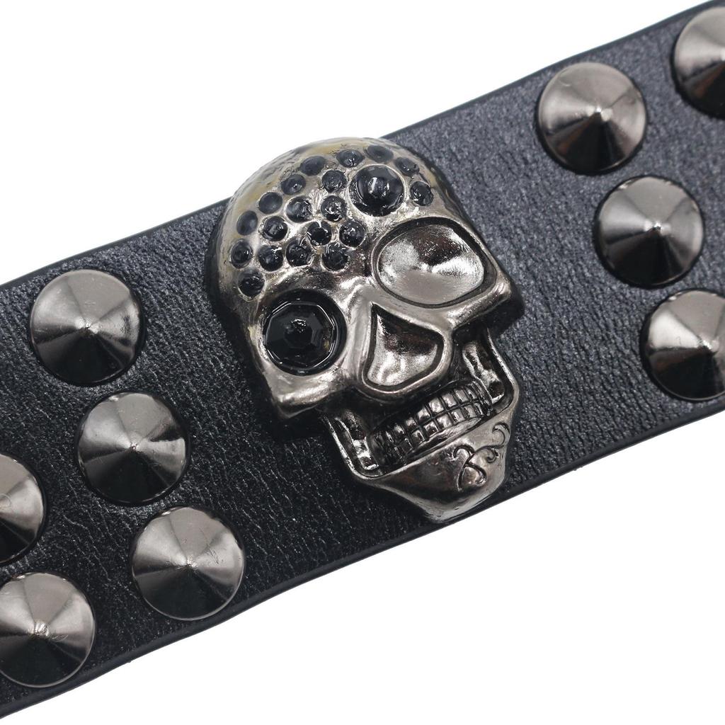 Skull Rivet Punk Leather Bracelet - Edgy Street Dance Rap Wristband Accessory