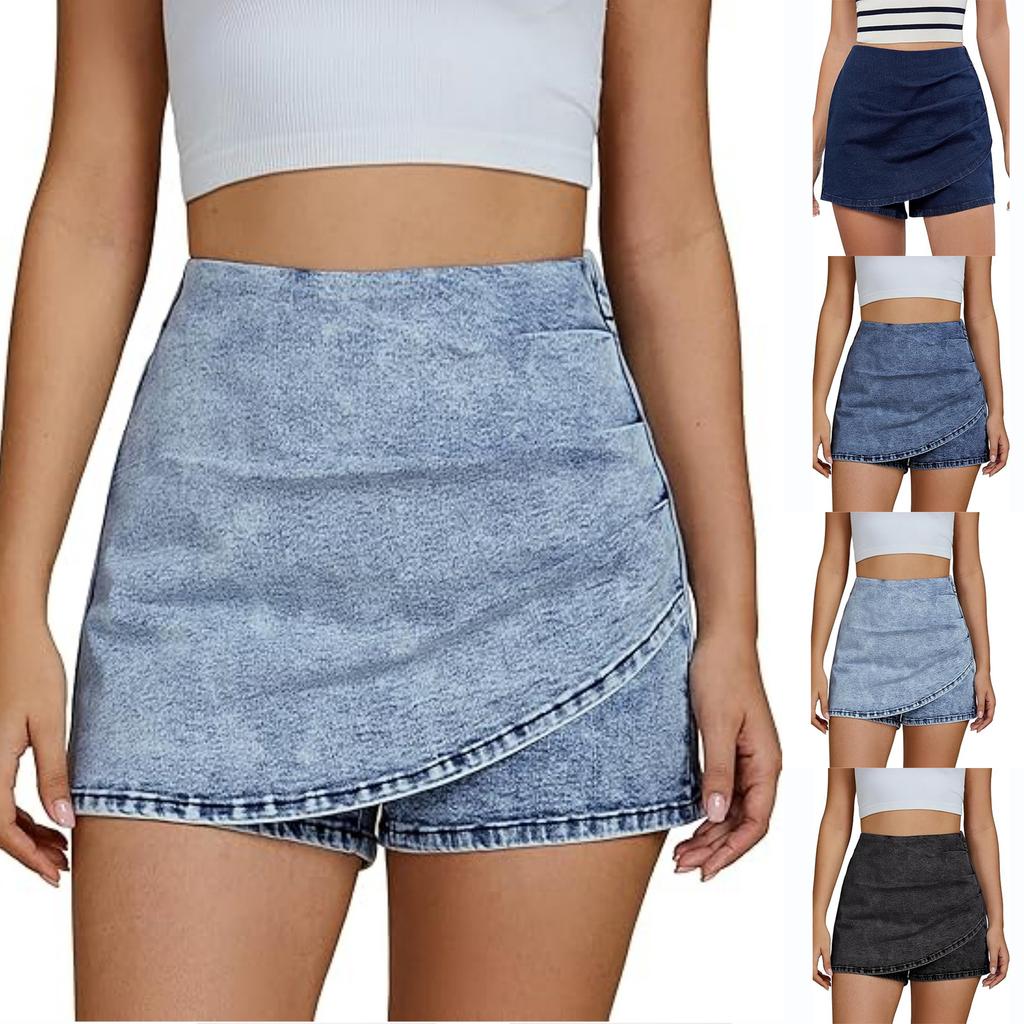 High Waist Denim Skort for Women Casual Asymmetric Wrap Front Design Comfortable Stretchy Fabric Shorts Skirt