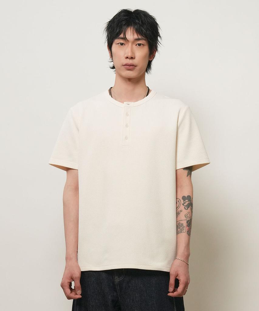 GENERALIDEA Man Waffle Henley Neck Short Sleeve T-Shirt [Ivory] / Gf2Mts012