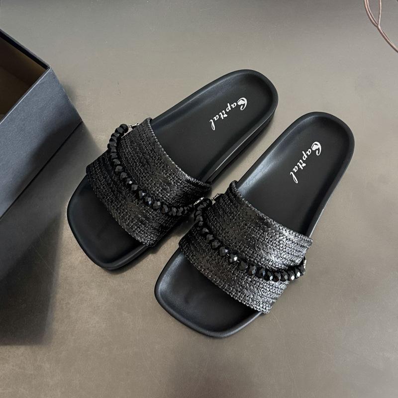 

Crystal woven slippers women s summer outer wear new models are not tired, foot thick soles with skirts, casual square head sandals 40 чёрный
