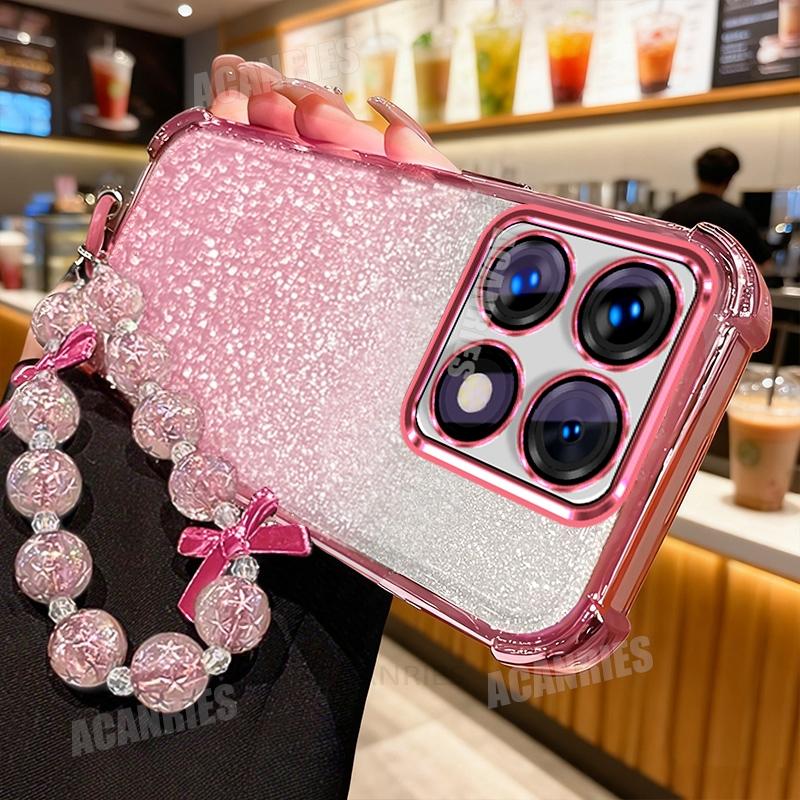 Xiaomi14t Luxury Star Lanyard Chain Plating Glitter Shockproof Silicone Case For Xiaomi Mi 14t Pro 14tpro Mi14t Soft Back Cover