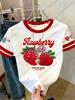 T-shirt pour femme à manches courtes Color-Block Imprimé Framboise Fraîche Style Y2k Fille Col Rond T-shirt Sports d'extérieur T-shirt pour femme adulte